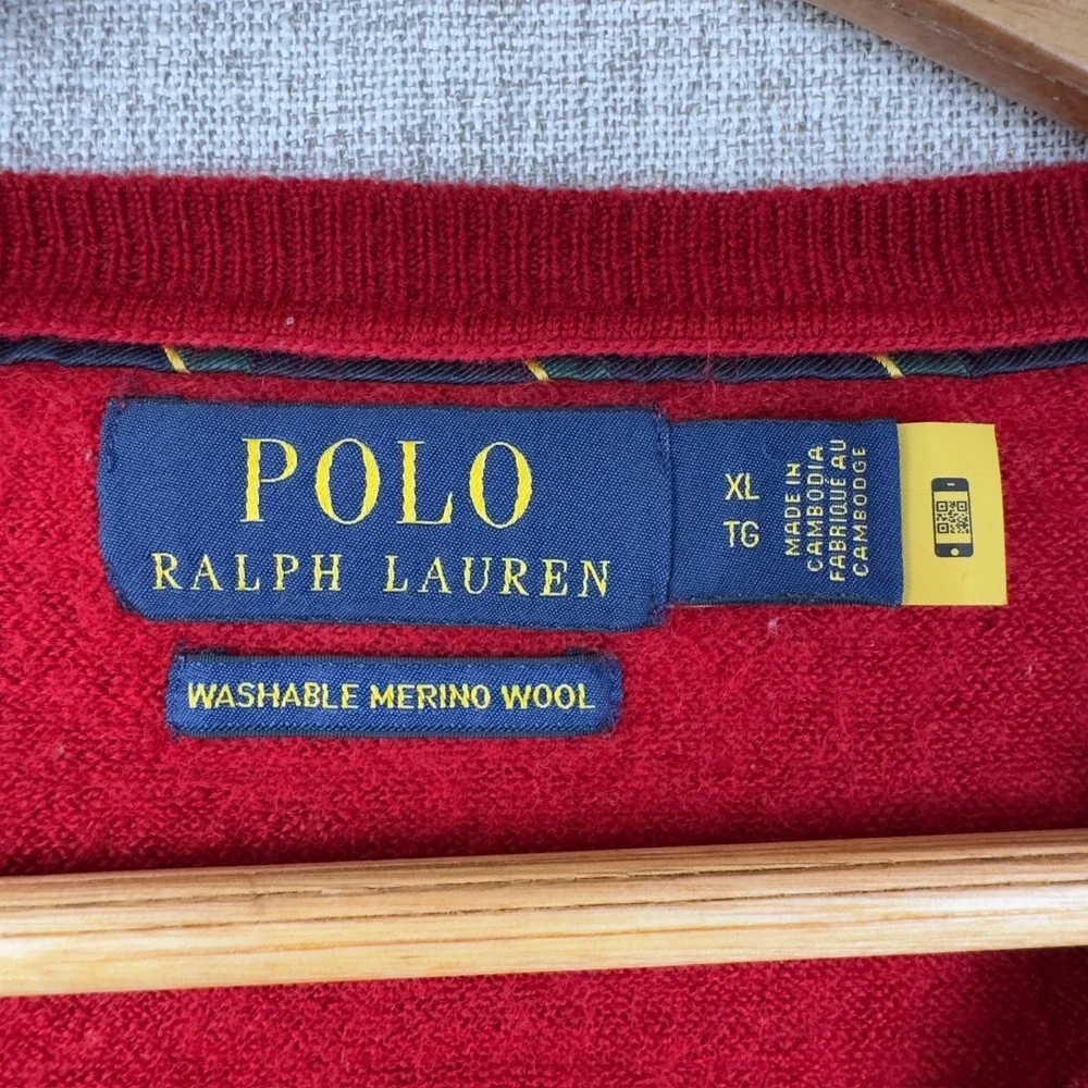 Polo Ralph Lauren V-Neck Sweater Men's XL‎ Washable Merino Wool Red Pony